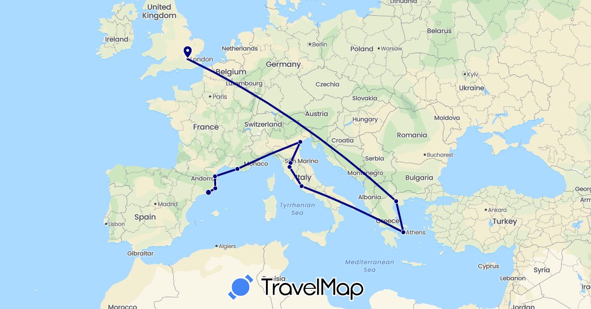 TravelMap itinerary: driving in Spain, France, United Kingdom, Greece, Italy (Europe)